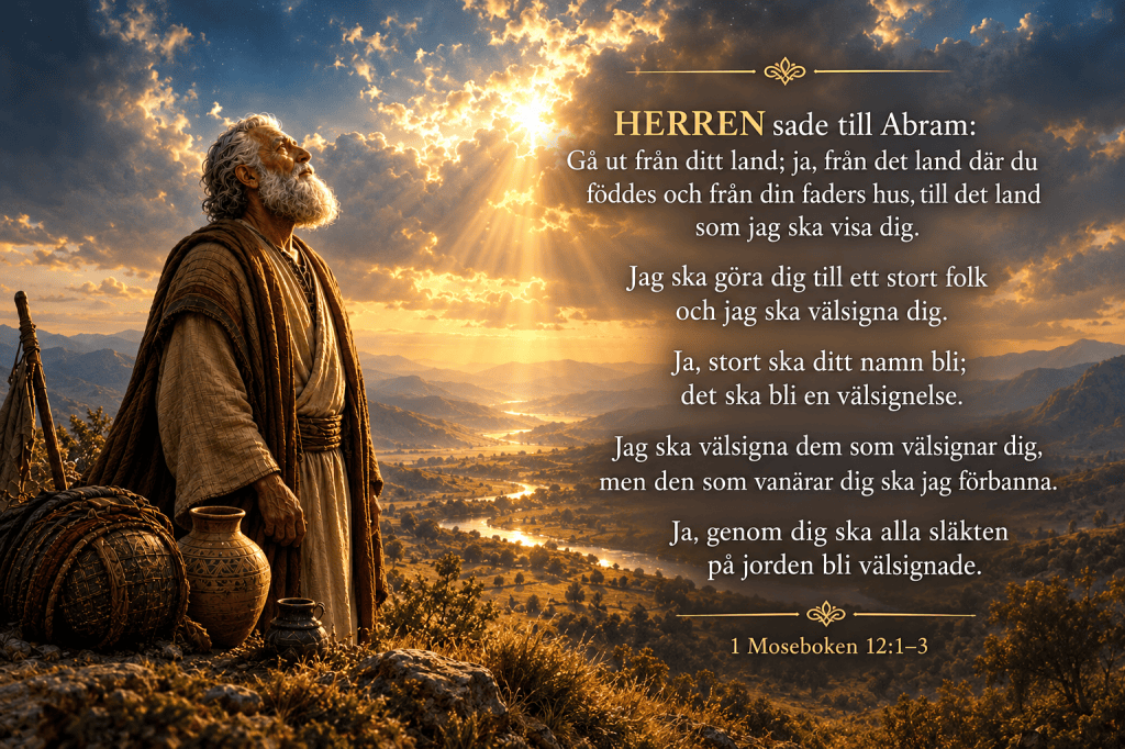 Bibelplansch med 1 Mos 12:1-3 – "Abraham ska bli en välsignelse för alla folk!"